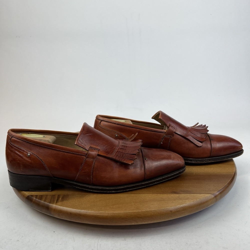 Mens L.F. Lidfort Brown Leather Slip On Cap Toe Fringe Dress Shoes Size 8 D
